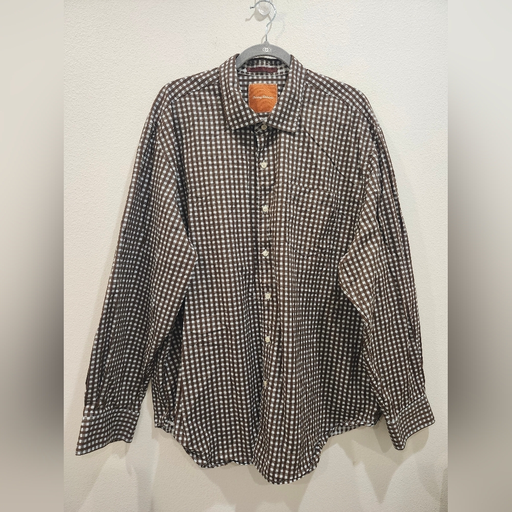 Tommy Bahama Brown Checkered Button Down Shirt Size XXL Long Sleeve